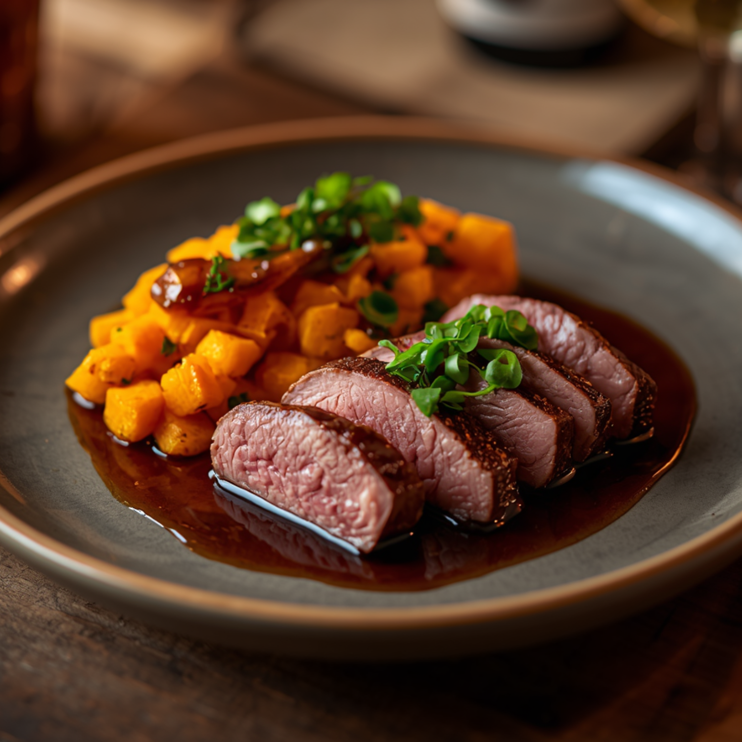 Filet de bœuf à la tibétaine, butternut croquant et caramel de vin rouge